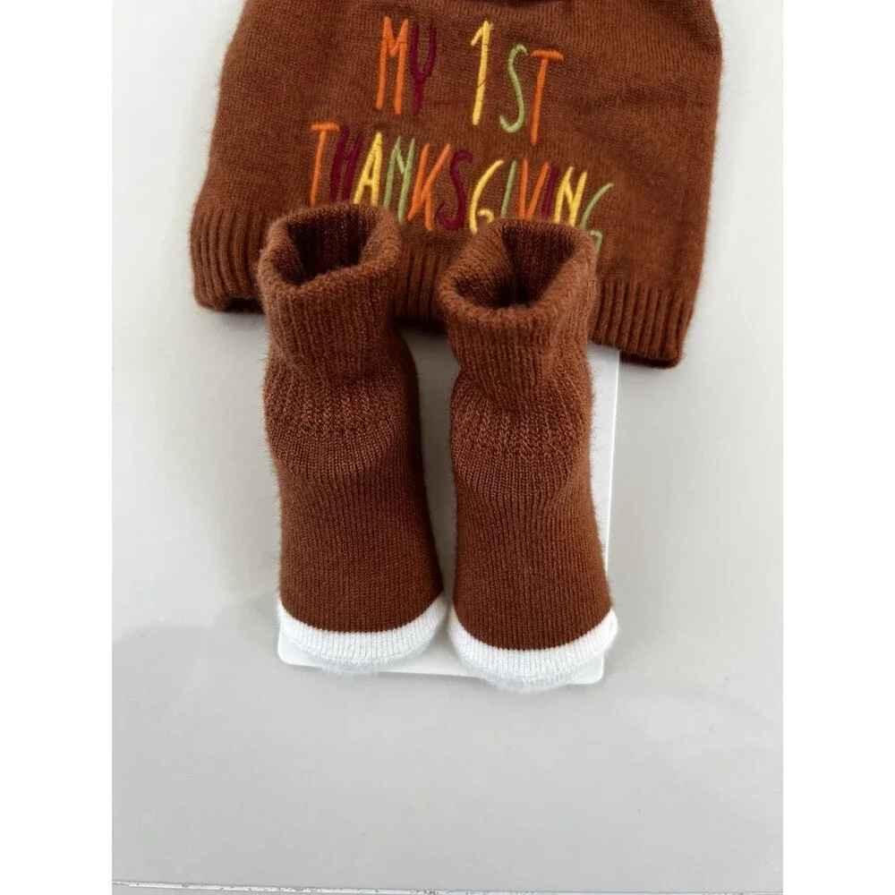 NYGB Baby Boy Girl Hat Sock 2 Pcs Set MY 1st THANKSGIVING 6-12 Month Outfit Gift